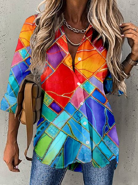 

Shirt Collar Long Sleeve Colorblock Buttoned Regular Loose TUNIC Shirt For Women, Multicolor, Shirts