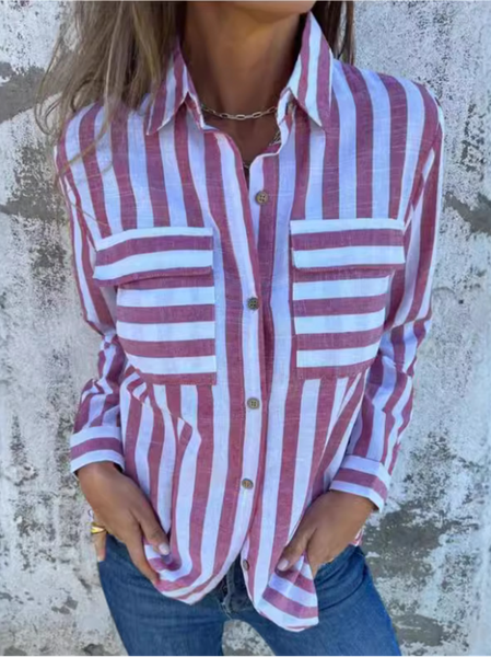 

Shirt Collar Long Sleeve Striped Regular Loose Shirt For Women, Pink, Shirts