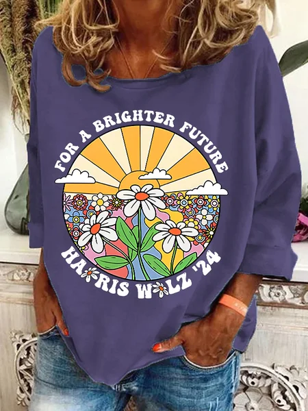 

Retro For Brighter Future Sun And Daisy Print Casual Sweatshirt, Deep purple, Hoodies&Sweatshirts