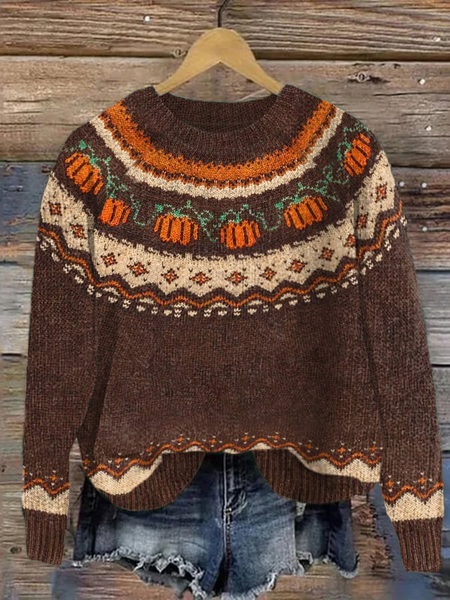 

Women's The Cozy Pumpkin Casual Round Neck Print Knitted Sweater, Brown, Sweaters