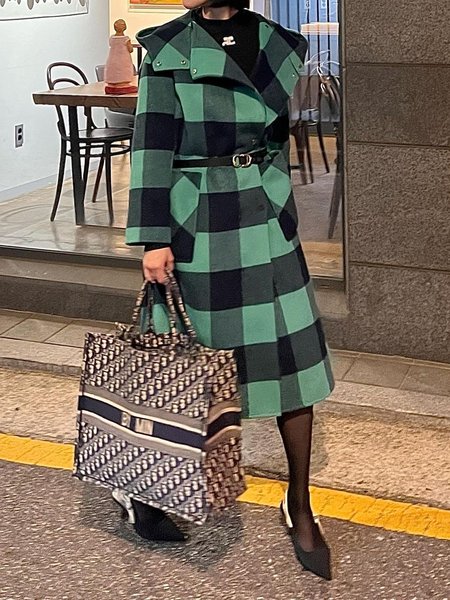 

Long Sleeve Plaid Urban Loose Coat With No Belt, Green, Coats