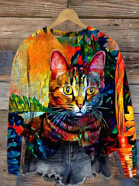 Cat Loose Crew Neck Knitted Casual Sweater, Yellow, Sweaters