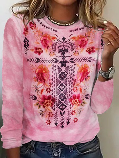 

Casual Floral Crew Neck Long Sleeve T-shirt, Pink, T-shirts