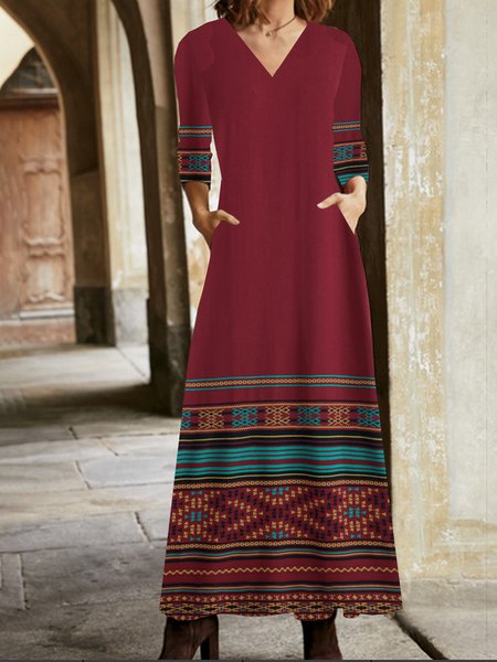 

Women Ethnic V Neck Long Sleeve Comfy Vintage Pocket Stitching Maxi Dress, Wine red, Dresses