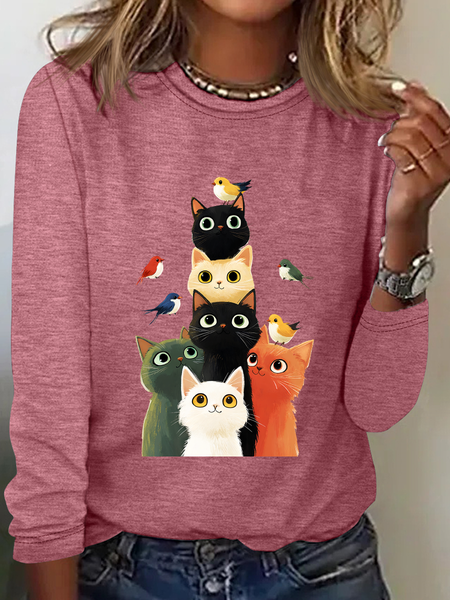 

Many Cats Playing With Birds Casual Long Sleeve Shirt, Watermelon, Long sleeves