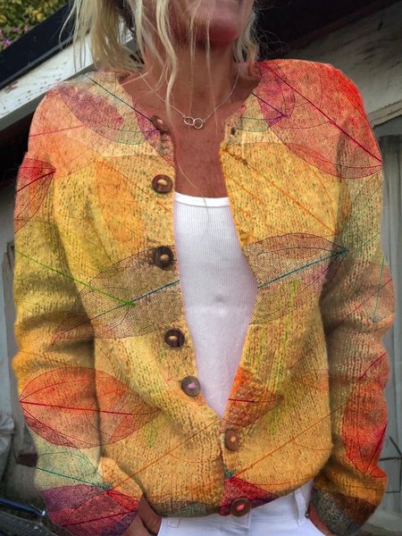 

Leaf Buttoned Casual Cardigan, Orange, Cardigans