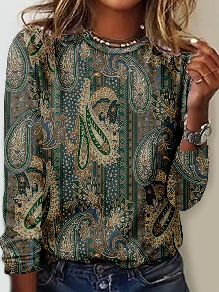

Vintage Ethnic Crew Neck Long Sleeve T-shirt, Deep green, T-shirts