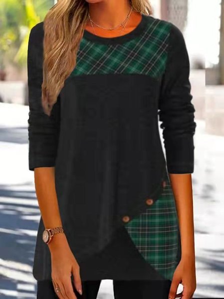 

Crew Neck Long Sleeve Plaid Regular Micro-Elasticity Loose Blouse For Women, Gray, Blouses
