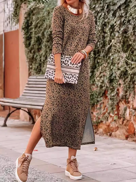 

Women's Long Sleeve Spring/Fall Leopard Jersey Dress Crew Neck Daily Going Out Casual Midi H-Line, Khaki, Dresses