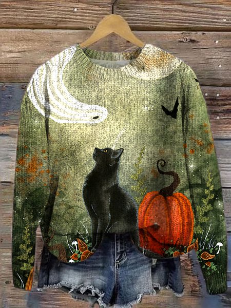 

Cat Loose Halloween Knitted Casual Sweater, As picture, Sweaters