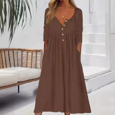 Crew Neck Casual Dress With No, Brown, Maxi Dresses