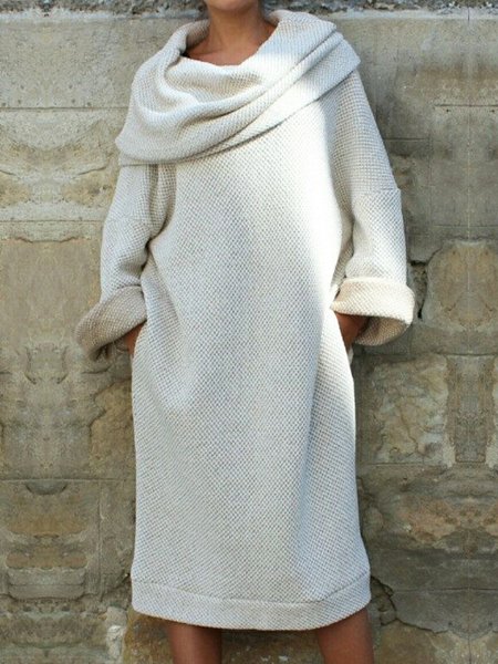 

Plain Casual Long Sleeve Loose Sweater Dress, White, Midi Dresses