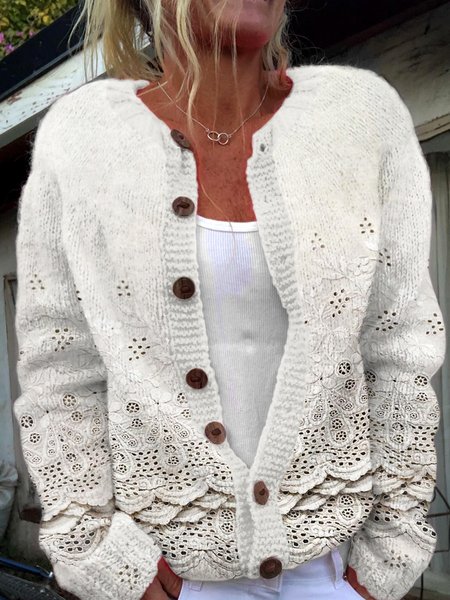 

Vintage lace art button knit cardigan, White, Cardigans