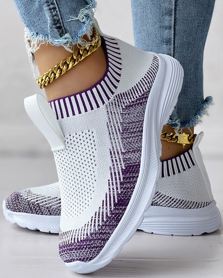 

Women Sneakers Casual Color Block Slip On Low Heel Shoes, Purple, Shoes