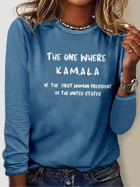 

Text Letters Crew Neck Casual T-Shirt, Blue, Long sleeves