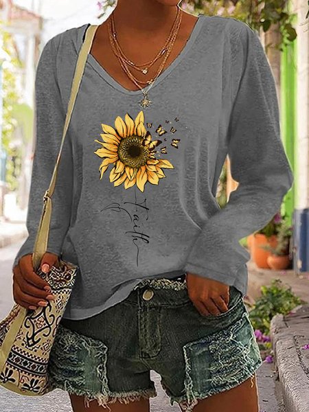 Sunflower Butterfly Printed Round Neck T-shirt, Gray, Long sleeves