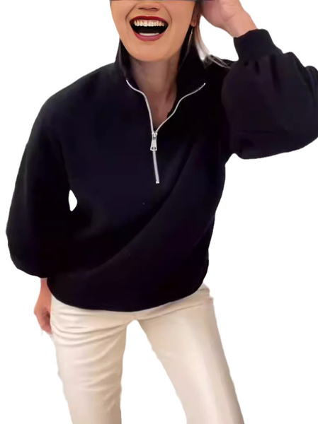 

Casual Crew Neck Plain Sweatshirt Zipper, Black, Hoodies & Sweatshirts