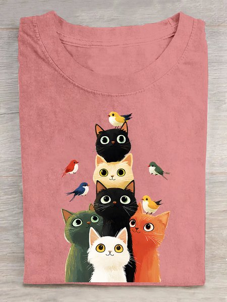 

Cat and Bird Cotton T-shirt, Orange pink, T-shirts