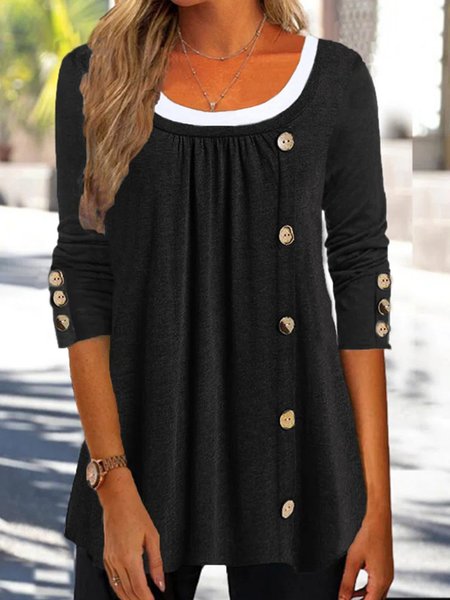 

Crew Neck Long Sleeve Color Block Regular Micro-Elasticity Loose Blouse For Women, Black, Blouses