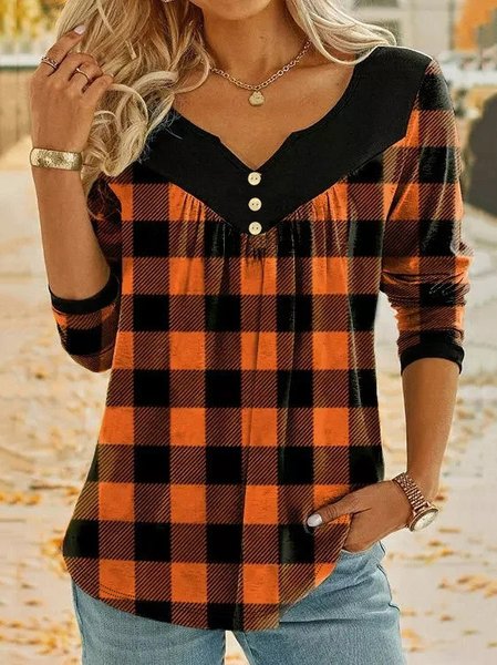

Notched Long Sleeve Plaid Regular Micro-Elasticity Loose Blouse For Women, Orange, Blouses