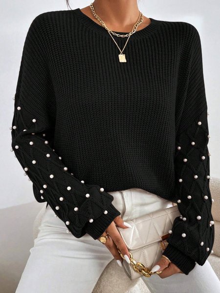 Plain Crew Neck Urban Long Sleeve Beaded Sweater, Black, Pullovers
