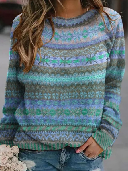 Women Knitted Ethnic Geometry Long Sleeve Comfy Casual Sweater, Blue, Sweaters