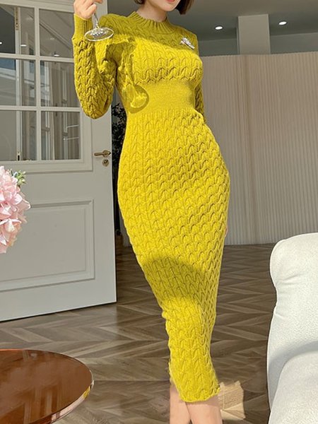 

Urban Mock Neck Regular Sleeve Tight Sweater Dress, Yellow, Maxi Dresses