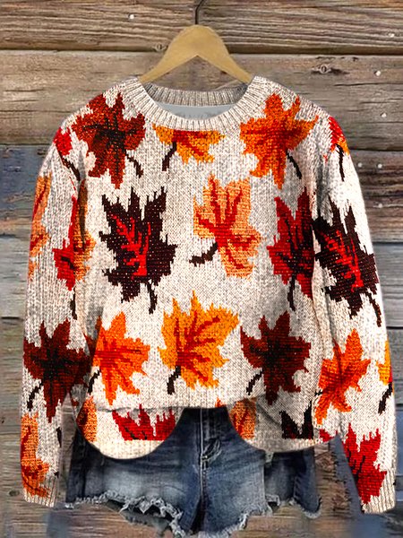 

Knitted Simple Loose Maple Leaf Sweater, Yellow, Sweaters