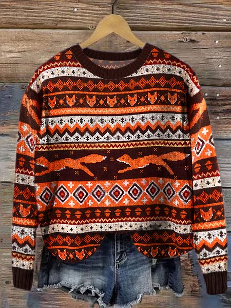 Simple Knitted Maple Leaf And Fox Sweater, Brown, Sweaters