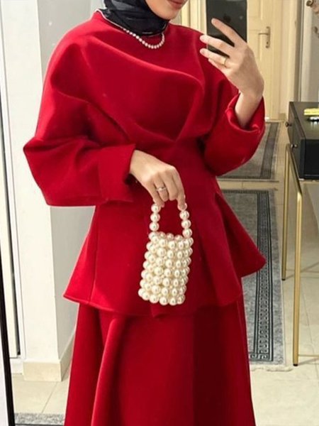 

Elegant Crew Neck Long Sleeve Blouse, Red, Blouses and Shirts