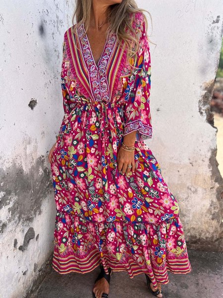 Women Floral V Neck Long Sleeve Comfy Casual Midi Dress, Deep pink, Dresses
