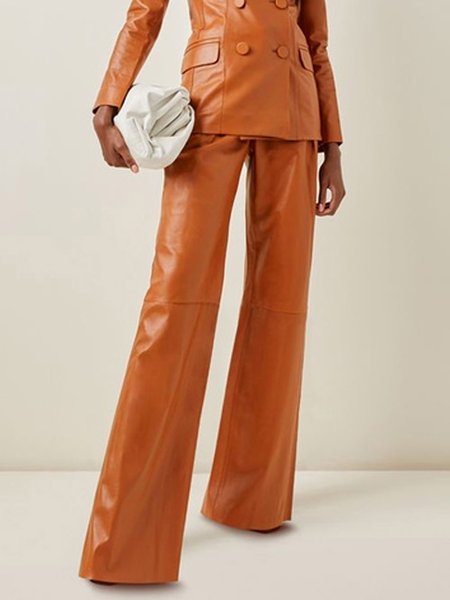 Regular Fit Urban Pocket Stitching Faux Leather Pants, Brown, Pants