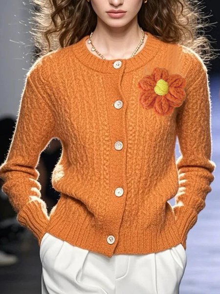 Crew Neck Daily Plain Cardigan With Brooch, Orange, Cardigans