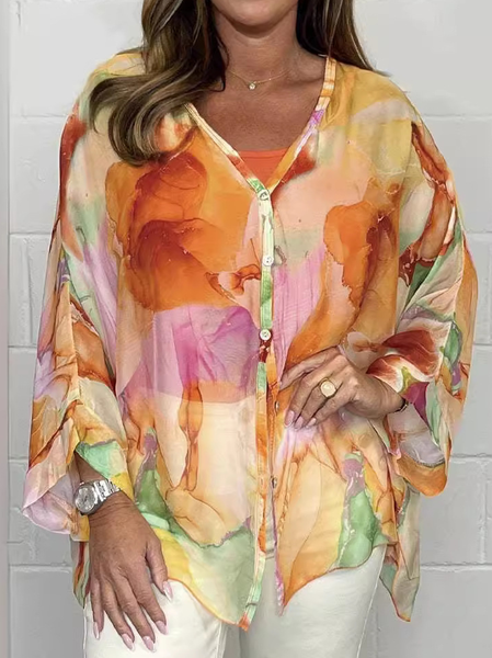 

Shirt Collar Long Sleeve Floral Regular Loose Shirt For Women, Orange, Shirts