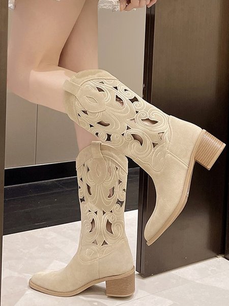Chunky Heel Faux Suede Boots, Off white, Boots
