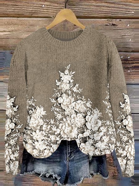 

Vintage floral embroidery art knitted round neck sweater, Khaki, Sweaters