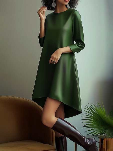 

Loose Urban Regular Sleeve Pu Plain Faux Leather Dress, Green, Midi Dresses