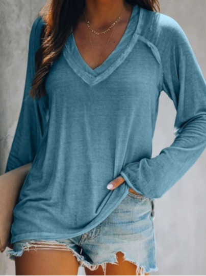 

Women's Long Sleeve Blouse Spring/Fall Plain Zipper Jersey V Neck Daily Going Out Casual Top, Sky blue, Blouses