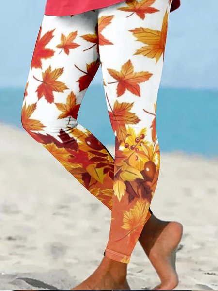Maple Leaf Casual Tight Leggings, Orange, Leggings