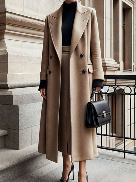 

Regular Sleeve Loose Pocket Stitching Urban Lapel Collar Coat, Khaki, Coats