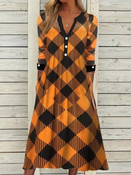 

Women Plaid Notched Long Sleeve Comfy Casual Maxi Dress, Yellow, Dresses