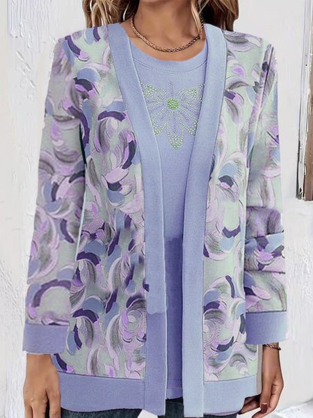 

Women Floral Shawl Collar Long Sleeve Comfy Casual Two-Piece Set, Blue, Blouses