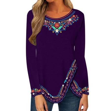 

Crew Neck Long Sleeve Ethnic Regular Micro-Elasticity Loose Blouse For Women, Purple, Blouses