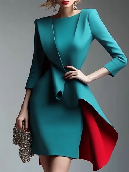 

Irregular Craftsmanship Regular Sleeve Elegant Boat Neck Party Dress, Cyan, Mini Dresses