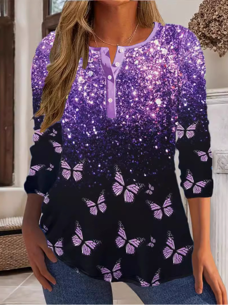 

Crew Neck Long Sleeve Butterfly Regular Micro-Elasticity Loose Blouse For Women, Purple, Blouses