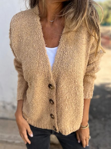 

Women Yarn/Wool Yarn Plain Long Sleeve Comfy Casual Buttoned Cardigan, Khaki, Cardigans