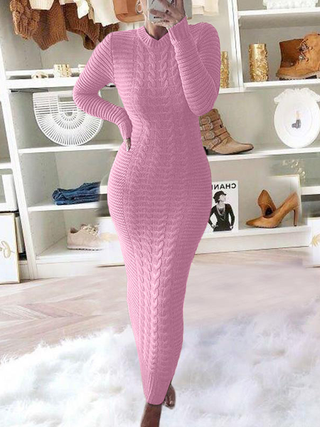 

Women's Long Sleeve Spring/Fall Plain Wool/Knitting Dress Crew Neck Daily Going Out Casual Midi H-Line, Purple, Dresses