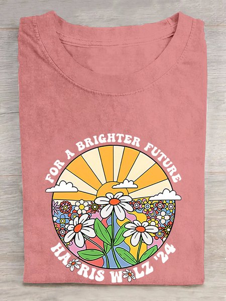 

Retro For Brighter Future Sun And Daisy Print Cotton T-shirt, Orange pink, T-shirts