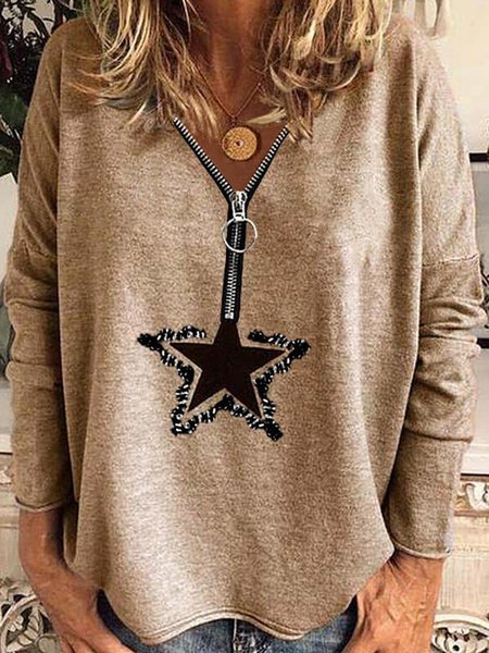 

V Neck Long Sleeve Heart/Cordate Regular Micro-Elasticity Loose Blouse For Women, Camel, Blouses