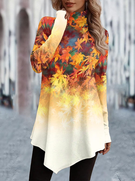 

Casual Leaf Turtleneck Long Sleeve T-shirt, Yellow, T-shirts